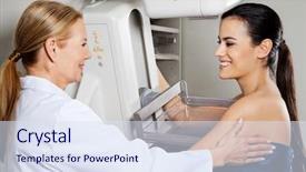  Presentation with test - Amazing PPT theme having breast cancer - mature female doctor assisting young backdrop and a sky blue colored foreground