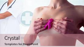  Presentation with pink ribbon breast awareness - Audience pleasing presentation design consisting of breast cancer doctor and woman backdrop and a coral colored foreground