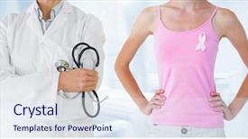  Presentation with pink ribbon breast awareness - Colorful presentation enhanced with breast cancer doctor and woman backdrop and a sky blue colored foreground