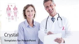  Presentation with pink ribbon breast awareness - PPT layouts consisting of breast cancer men - pink awareness ribbon against doctor background and a light blue colored foreground