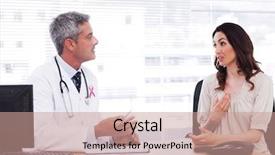  Presentation with pink ribbon breast awareness - Colorful PPT layouts enhanced with breast cancer men - pink awareness ribbon against patient backdrop and a coral colored foreground