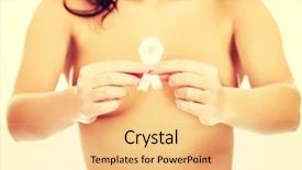  Presentation with pink ribbon hands - PPT layouts with breast cancer templates - topless woman with pink ribbon background and a yellow colored foreground