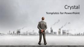  Presentation with polluted - Slides having breathing bad air - rear view of businessman looking background and a light gray colored foreground