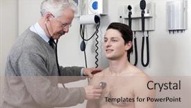  Presentation with physician - Slide set having breathing problem - mature physician examining patient background and a coral colored foreground