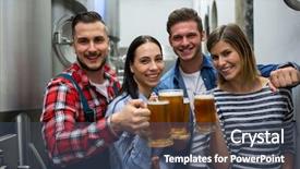  Presentation with toasting - Slide set consisting of breweries - portrait of happy brewers toasting background and a ocean colored foreground