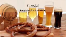  Presentation with brewery - Slides enhanced with brewery drinks and food concept - close up of different beer glasses wooden barrel and pretzels on table background and a yellow colored foreground