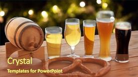  Presentation with brewery - Amazing PPT theme having brewery drinks and food concept - close up of different beer glasses wooden barrel and pretzel on table over holidays lights background backdrop and a red colored foreground