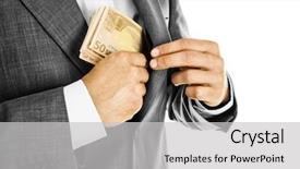  Presentation with money - Presentation theme having bribery - businessman in a suit putting background and a light gray colored foreground