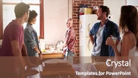  Presentation with five business people standing together and smiling - Colorful PPT layouts enhanced with brick free - five friends talk standing backdrop and a tawny brown colored foreground