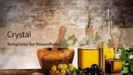  Presentation with food preparation - Colorful presentation theme enhanced with brick mortar - freshly harvested olives berries backdrop and a coral colored foreground