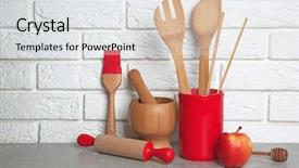  Presentation with kitchen utensils - Colorful slide deck enhanced with brick mortar - set of kitchen utensils backdrop and a light gray colored foreground