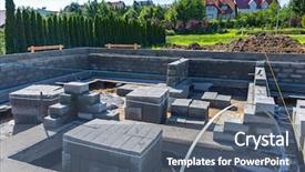  Presentation with house foundation - Amazing PPT layouts having brick up concrete blocks backdrop and a ocean colored foreground