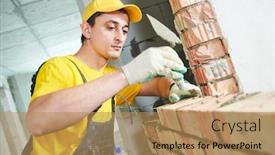  Presentation with bricks - Slide set featuring bricklayer builder worker laying bricks background and a coral colored foreground