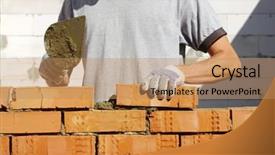  Presentation with vintage interior brick wall - Presentation theme featuring bricklayer laying bricks to make background and a coral colored foreground