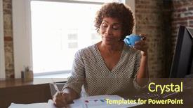  Presentation with working - Cool new PPT theme with brickwork - mature businesswoman working in office backdrop and a tawny brown colored foreground