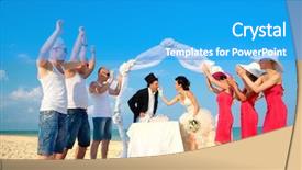  Presentation with beach wedding - PPT theme featuring bride and groom under archway on beach trying to take a bite of wedding cake background and a teal colored foreground