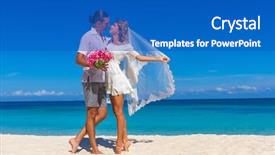  Presentation with tropical wedding - Cool new slide deck with bride and groom young loving couple on their wedding day outdoor beach wedding on tropical beach and sea background backdrop and a teal colored foreground