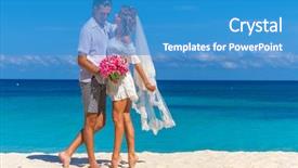  Presentation with tropical wedding - Cool new PPT theme with bride and groom young loving couple on their wedding day outdoor beach wedding on tropical beach and sea background backdrop and a teal colored foreground