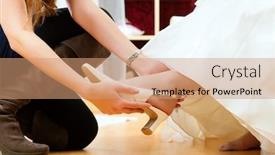  Presentation with clothes shop - PPT theme enhanced with bride at the clothes shop for wedding dresses she is choosing a dress is fitting bridal shoes background and a coral colored foreground