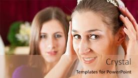  Presentation with veal - Slide set consisting of bride at the clothes shop for wedding dresses she is choosing a dress and a bridal veal background and a coral colored foreground