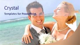  Presentation with married couple - Colorful slide deck enhanced with bride groom wedding - cheerful married couple standing backdrop and a sky blue colored foreground