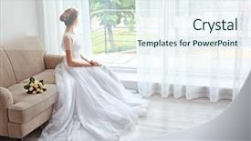  Presentation with bride - Slide deck consisting of bride in beautiful dress with wedding bouquet sitting on sofa background and a sky blue colored foreground