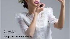  Presentation with wedding white - Presentation theme featuring bride paints lips with lipstick on their wedding day in dress isolated on a white background background and a light gray colored foreground