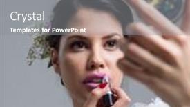  Presentation with wedding white - Cool new slide set with bride paints lips with lipstick on their wedding day in dress isolated on a white background backdrop and a gray colored foreground