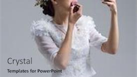  Presentation with wedding white - Beautiful presentation design featuring bride paints lips with lipstick on their wedding day in dress isolated on a white background backdrop and a light gray colored foreground