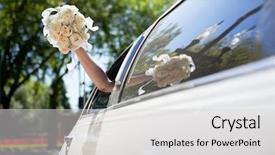  Presentation with car body repairer holding - Colorful theme enhanced with white wedding celebration - bride waving hand from car backdrop and a light gray colored foreground