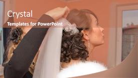  Presentation with helping - Amazing presentation theme having bridesmaid helping bride to dress for a wedding backdrop and a coral colored foreground
