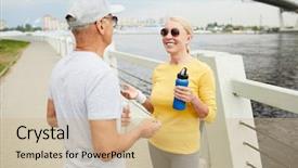  Presentation with water irrigation pivot frre - Theme consisting of bridge people - happy aged sportswoman with bottle background and a coral colored foreground