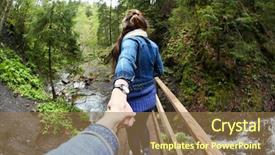 Presentation with black people trying to cross a broken bridge for peace - Colorful PPT theme enhanced with bridge through mountain river follow backdrop and a coral colored foreground