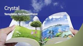  Presentation with open book - Amazing PPT theme having bridging education - open book of nature backdrop and a ocean colored foreground