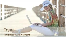  Presentation with summer outdoor bbq grill party - Amazing PPT layouts having bridging education - young woman using laptop outdoor backdrop and a  colored foreground