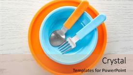  Presentation with tableware - Colorful PPT theme enhanced with bright baby tableware on wooden backdrop and a gold colored foreground