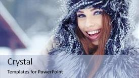  Presentation with winter - Amazing presentation theme having bright beautiful - young woman winter portrait shallow backdrop and a light blue colored foreground