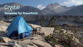  Presentation with tent - PPT layouts consisting of bright-blue-backpack-tent-perched background and a ocean colored foreground
