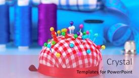  Presentation with yarn - Beautiful PPT theme featuring bright blue yarn fabric cushion for needles and measuring tape backdrop and a coral colored foreground