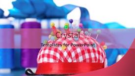  Presentation with needles - Amazing PPT layouts having bright blue yarn fabric cushion for needles and measuring tape backdrop and a coral colored foreground