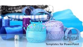  Presentation with yarn - Slide deck enhanced with bright blue yarn fabric satin ribbon and measuring tape isolated on white background and a light blue colored foreground