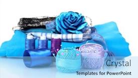  Presentation with yarn - PPT theme enhanced with bright blue yarn fabric satin ribbon and measuring tape isolated on white background and a light blue colored foreground