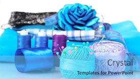  Presentation with yarn - Slides having bright blue yarn fabric satin ribbon and measuring tape isolated on white background and a light blue colored foreground