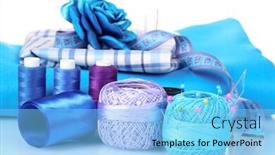  Presentation with yarn - Cool new PPT theme with bright blue yarn fabric satin ribbon and measuring tape isolated on white backdrop and a light blue colored foreground