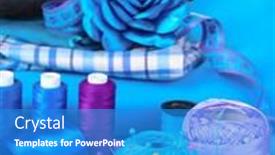  Presentation with yarn - Colorful theme enhanced with bright blue yarn fabric satin ribbon and measuring tape isolated on white backdrop and a teal colored foreground