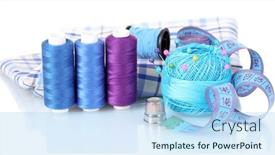  Presentation with yarn - Colorful theme enhanced with bright blue yarn fabric and measuring tape isolated on white backdrop and a light blue colored foreground