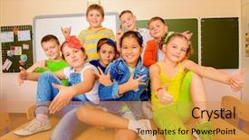  Presentation with community service happy volunteer group - Audience pleasing theme consisting of bright casual clothes posing together backdrop and a gold colored foreground