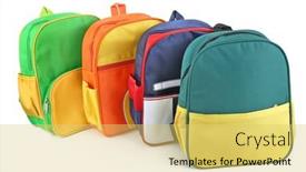 Presentation with school backpacks - Slide set with bright-childish-backpacks-collection-colorful background and a yellow colored foreground