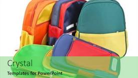  Presentation with school backpacks - PPT theme consisting of bright-childish-backpacks-collection-colorful background and a seafoam green colored foreground