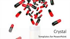  Presentation with plastic bottle - PPT theme featuring drugs explosion - bright color pills flying away background and a white colored foreground